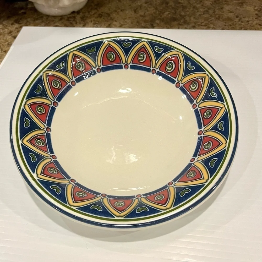 Pier 1 Bowl Red, Blue. Yellow Geometric Pattern 8 1/4 inches